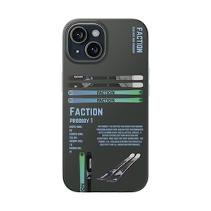 Może przedstawiać: Czarne etui na telefon z grafiką nart i tekstem "Faction Prodigy 1". Etui zawiera tekst "Elevate and Conquer" i nazwę marki "Faction".