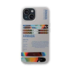 Può includere: Una custodia per telefono trasparente con un design astratto colorato che presenta sci e il testo "ARMADA ARV 94". Il testo "WHAT SKIING WILL BECOME" è anche visibile sulla custodia.