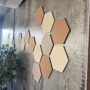 Op de afbeelding: Een wandarrangement van zeshoekige akoestische panelen in verschillende tinten beige en bruin. De panelen zijn in een cluster gerangschikt, waardoor een decoratief en geluiddempend element ontstaat. De muur is van beton.
