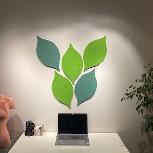 Könnte beinhalten: Ein modernes Büro mit einem weißen Schreibtisch, einem Laptop, einer Schaufensterpuppe und Wanddekorationen in Form von grünen und türkisfarbenen Blättern. Eine kleine Pflanze befindet sich im Hintergrund.