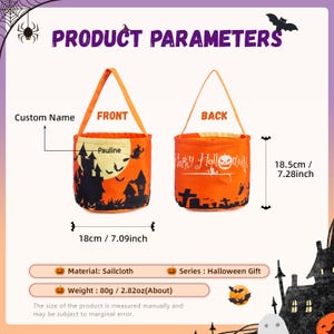 May include: Orange Halloween tote bag featuring a black haunted house design on the front and "Happy Halloween" on the back. The bag is 18cm wide and 18.5cm tall, made of sailcloth, and weighs approximately 80g.