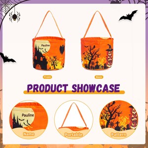 May include: Orange Halloween treat bag with a handle. The front features a spooky castle, moon, and the name "Pauline". The back displays a graveyard scene with a tree and bats. The bag is designed for trick-or-treating.