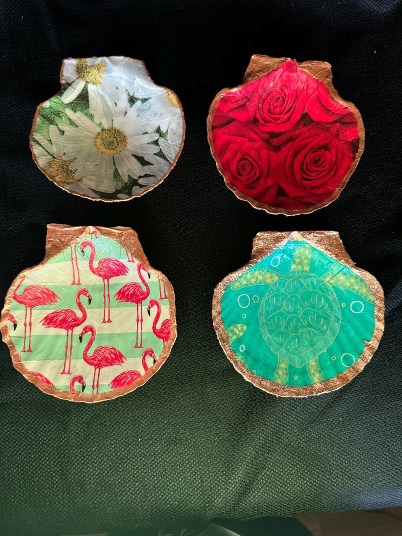 Decoupage and Hand Painted Sea Shells. Maybe Used Christmas Ornaments ...