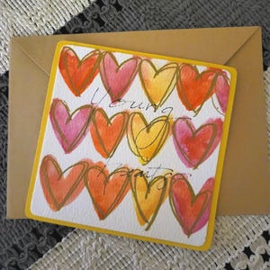 Entrega local disponible - Tarjeta de acuarela - Corazones jóvenes, tarjeta de amor de San Valentín, mensaje de amor, corazones amarillos y naranjas