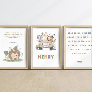 Personalisierte Safari-Kinderzimmer-Drucke, 3 christliche Poster mit Jeremia 1: 5 Bibelvers, Gebet und dem Namen des Kindes, digitaler Download