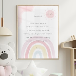 Arte de pared con oración para niña, imprimible cristiano con arcoíris pastel para guardería, decoración religiosa para habitación de niños, regalo para niña recién nacida, descarga digital