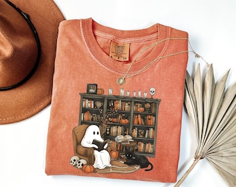 Comfort Colors® Librarian Ghost Shirt, Retro Ghost Reading Books Shirt, Halloween Shirt, Gift For Teacher, Ghost Lover Shirt, Halloween Gift