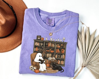 Comfort Colors® Librarian Ghost Shirt, Retro Ghost Reading Books Shirt, Halloween Shirt, Gift For Teacher, Ghost Lover Shirt, Halloween Gift