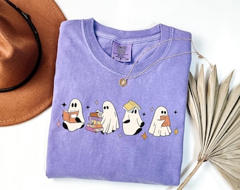 Comfort Colors® Cute Ghosts Reading Books Shirt, Cute Little Ghosts Shirt, Women's Halloween Shirt, Spooky Season, Bookish Ghost Shirt,