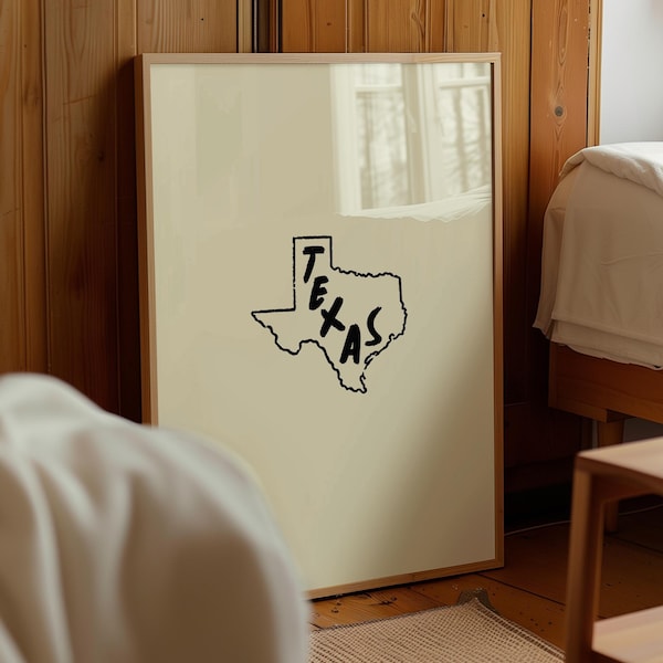 Contorno de Texas - Arte de pared moderno del estado de Texas, estética vaquera minimalista, dibujado a mano, retro, decoración del hogar occidental, póster, descarga digital, 1 impresión