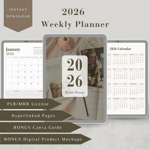 Puede incluir: Planificador semanal digital 2026 con una paleta de colores neutros. La imagen muestra un calendario, un planificador semanal y un calendario anual. Incluye páginas con hipervínculos y una guía de Canva de bonificación.