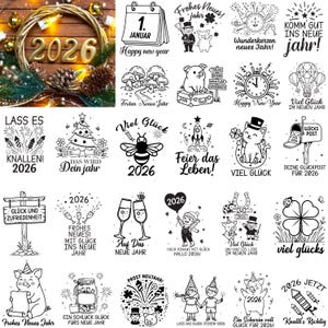 50 fichier traceur de la Saint-Sylvestre, dictons allemands, svg de Noël, bonne année 2026, fichier laser de la Saint-Sylvestre, cochon porte-bonheur, téléchargement numérique