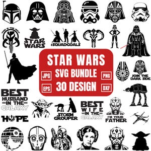 30 スターウォーズデザイン SVG、スターウォーズロゴ、スターウォーズクリップアート、スターウォーズカットファイル、ダースベイダー SVG、ヨーダ SVG、スターウォーズマンダロリアンシンボル