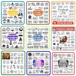May include: A selection of digital design bundles, each with a different theme. The designs feature text and illustrations for Autumn, Nautical, Best Friend, Christmas, Thank You, School, and other topics. Each bundle is labelled with the number of designs and file types.