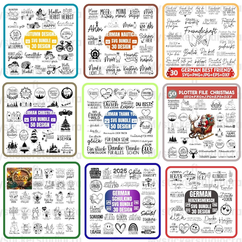 May include: A selection of digital design bundles, each with a different theme. The designs feature text and illustrations for Autumn, Nautical, Best Friend, Christmas, Thank You, School, and other topics. Each bundle is labelled with the number of designs and file types.