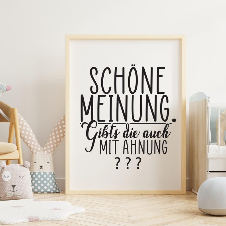 K&ouml;nnte beinhalten: Ein gerahmter Druck mit wei&szlig;em Hintergrund und schwarzem Text, der "Sch&ouml;ne Meinung. Gibt's die auch mit Ahnung???" lautet.