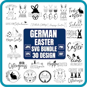 May include: A selection of black and white Easter designs featuring bunnies, eggs, and text. The designs include phrases such as "Happy Easter" and "German Easter SVG Bundle 30 Design".
