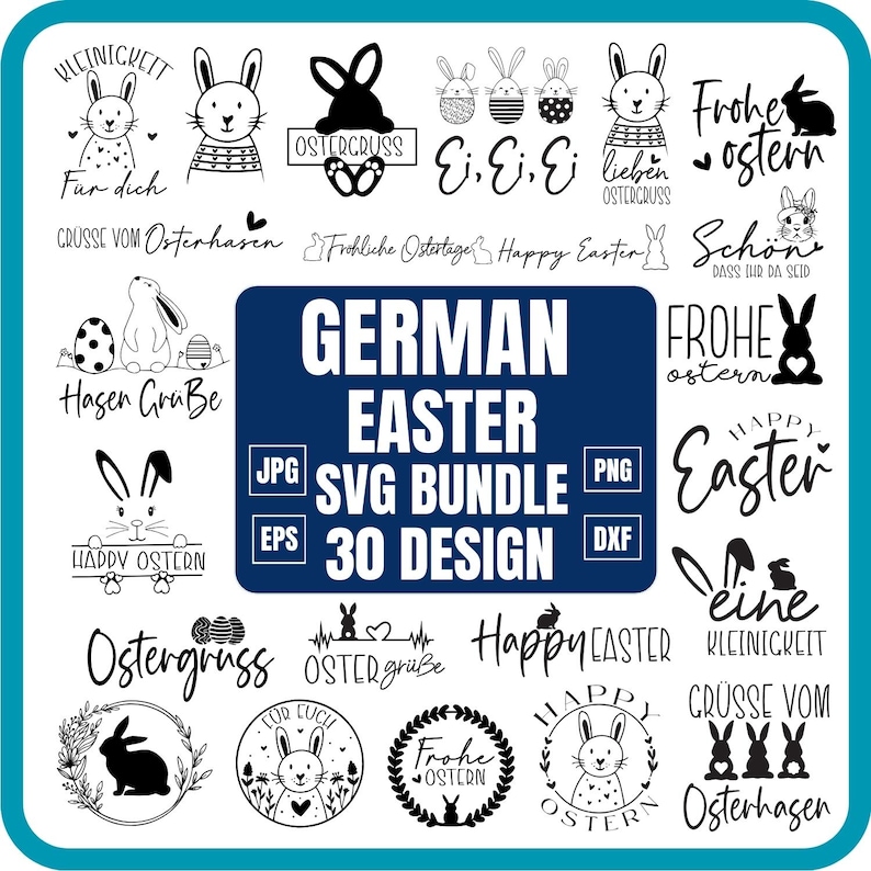 May include: A selection of black and white Easter designs featuring bunnies, eggs, and text. The designs include phrases such as "Happy Easter" and "German Easter SVG Bundle 30 Design".