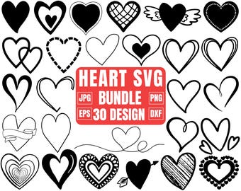 May include: A set of 30 black and white heart SVG designs. The hearts are in various styles, including simple, ornate, and whimsical. The text "HEART SVG BUNDLE 30 DESIGN" is in red.