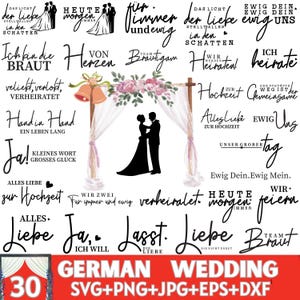 Paquete SVG de boda, regalo de boda de archivos de trazador, vector de felicitaciones, Hochzeit alemán, Verliebt, Verlobt, Verheiratet, boda diciendo svg