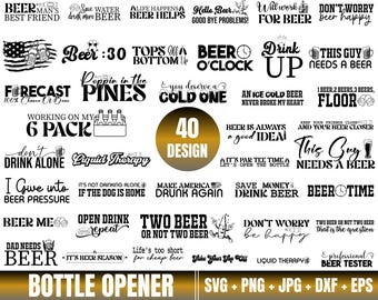Può includere: Un design grafico in bianco e nero con 40 diversi design a tema birra. I design includono frasi come "Beer:30", "Non preoccuparti, sii felice", "Questo ragazzo ha bisogno di una birra" e "L'ora della birra". I design sono perfetti per creare apribottiglie, tazze, magliette e altri prodotti personalizzati.