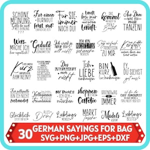 May include: A selection of 30 German phrases for bags, presented in diverse fonts. The text is black on a white backdrop, with a red banner at the bottom stating "30 GERMAN SAYINGS FOR BAG SVG+PNG+JPG+EPS+DXF".