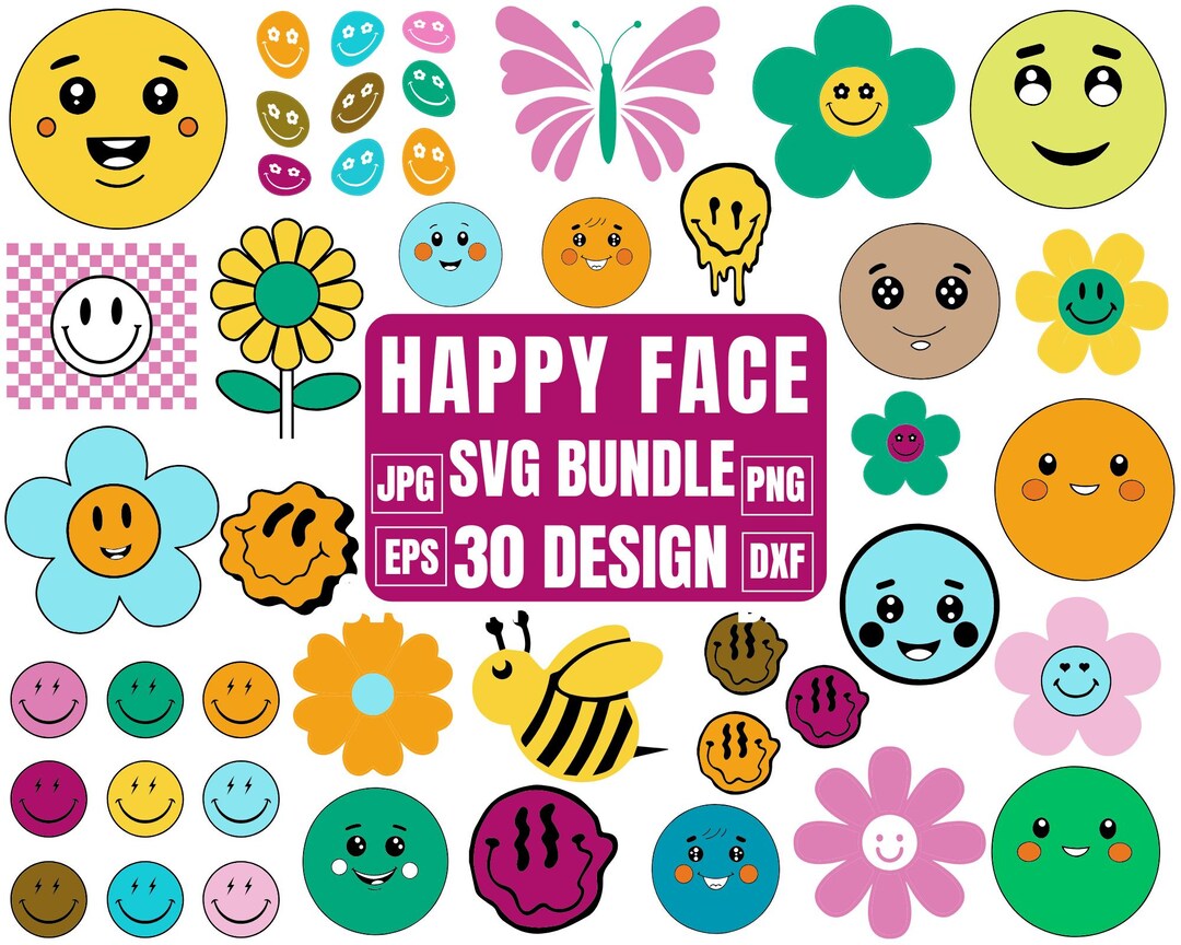 Happy Face SVG Bundle, Daisy Flower Svg, Smiley Face SVG, Emoji Svg ...