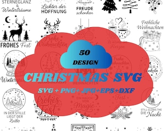 Puede incluir: Una colección de 50 diseños SVG navideños en blanco y negro. Los diseños incluyen árboles de Navidad, renos, adornos y frases festivas. Formatos: SVG, PNG, JPG, EPS y DXF. Incluye "Frohe Weihnachten".