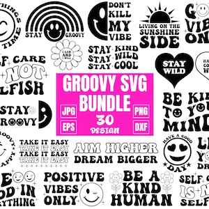 Groovy SVG Bundle, ästhetisches svg, Positive gewellte Zitate svg, inspirierendes svg, trendiges svg, Retro Smiley-Gesicht, cut Files, Cricut, Silhouette