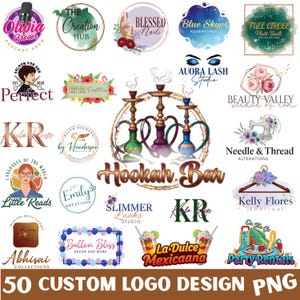 May include: A collection of 50 custom logo designs in PNG format. The logos feature various themes, including beauty, podcasting, and event services. The designs showcase diverse styles and color palettes, suitable for branding purposes.