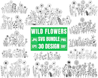 Wildflower Svg Bundle, Flower Meadow Svg, Flower Border SVG, Flower Sketch, Floral Frame Svg, Bouquet SVG, Floral Svg, Nature Svg, Cut files