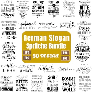 Könnte beinhalten: Eine digitale Sammlung von 50 schwarz-weißen Grafikdesigns mit verschiedenen deutschen Sprüchen und Slogans. Das zentrale goldene rechteckige Etikett zeigt den Text German Slogan Sprüche Bundle, 50 DESIGN, JPG, PNG, EPS und DXF.