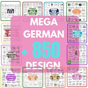 Może przedstawiać: Kolekcja cyfrowych elementów projektowych z niemieckim tekstem, zawierająca frazy i ilustracje. Obraz przedstawia różne pakiety SVG z tekstem "MEGA GERMAN 850 DESIGN" pośrodku. Projekty są odpowiednie dla różnych projektów.