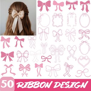 May include: A woman's hair is styled with a large, light-colored satin bow. The image also features a collection of 50 pink ribbon designs in various styles, including bows and decorative frames. The text "50 RIBBON DESIGN" is displayed in pink.