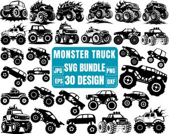 May include: A collection of 30 black and white monster truck designs in various styles. The image includes a teal rectangle with the words "MONSTER TRUCK SVG BUNDLE 30 DESIGN" and file type abbreviations.