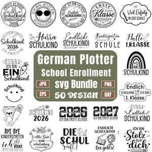 May include: A digital collection of 50 black and white graphic designs for school enrollment, featuring German text such as 'Erste Klasse', 'Schulkind', and 'Hurra', alongside illustrations of pencils, school cones, rainbows, and smiley faces.