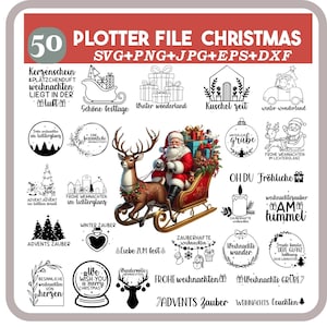 May include: A digital Christmas plotter file set with 50 designs in SVG, PNG, JPG, EPS, and DXF formats. Includes Santa Claus on a sleigh, reindeer, gift boxes, and festive text elements.
