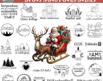 Puede incluir: Un conjunto de archivos digitales con 50 diseños navideños, en formatos SVG, PNG, JPG, EPS y DXF. La imagen presenta a Papá Noel en un trineo, renos y varios textos y gráficos festivos.