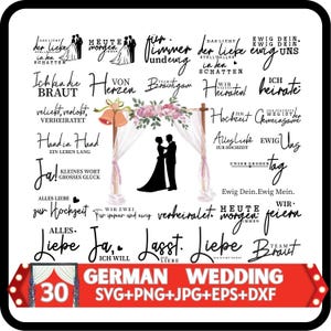 May include: A digital design with German wedding themes, featuring text and graphics. The design includes silhouettes of a bride and groom, floral arrangements, and phrases related to marriage. A banner at the bottom reads "GERMAN WEDDING" and file formats.