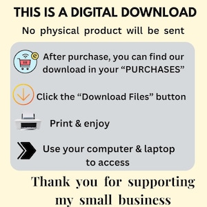 May include: An announcement for a digital download, set against a pale yellow backdrop. The text details how to access the download after purchase, including finding it in "PURCHASES" and clicking the "Download Files" button. The image also includes a thank you message.