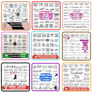 May include: A selection of digital design files with German text and graphics. The designs cover themes such as gnomes, camping, weddings, travel, and friendship. Each design is marked with "30" and includes file type details like SVG, PNG, JPG, EPS, and DXF.