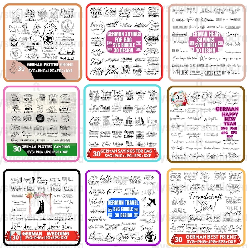 May include: A selection of digital design files with German text and graphics. The designs cover themes such as gnomes, camping, weddings, travel, and friendship. Each design is marked with "30" and includes file type details like SVG, PNG, JPG, EPS, and DXF.