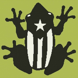 May include: A black and white frog design with a star and stripes, set against a light green background. The frog's body features a star and vertical stripes, creating a striking contrast. The design is likely for apparel or accessories.