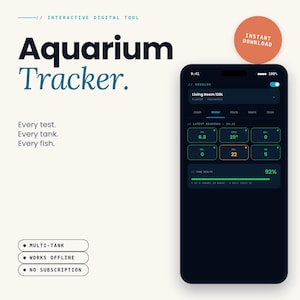 Puede incluir: Una captura de pantalla de la aplicación "Aquarium Tracker" en un teléfono móvil. La aplicación muestra los parámetros del agua, la salud del tanque y otros datos del acuario. La interfaz es azul oscuro con texto blanco y un botón "Descarga instantánea".