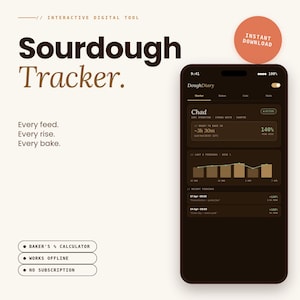 Puede incluir: Captura de pantalla de una aplicación de seguimiento de masa madre en un teléfono inteligente. La aplicación muestra datos sobre la alimentación, el levado y la cocción. El texto dice "Sourdough Tracker" y "Descarga instantánea."