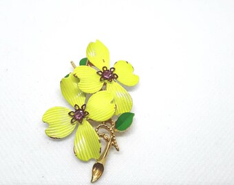 Chartreuse Flower Pin Enamel Rhinestones Vintage