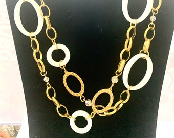 JOAN RIVERS Vintage Necklace Textured Gold Tone Links With White Lucite Ovals Rounds AB Faceted Crystals
