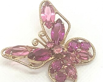 PINK Butterfly Brooch Vintage Rhinestones Prong Set Gorgeous