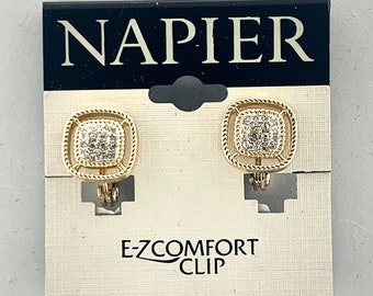 NAPIER Vintage Earrings Crystals Comfort Clips New On Original Card