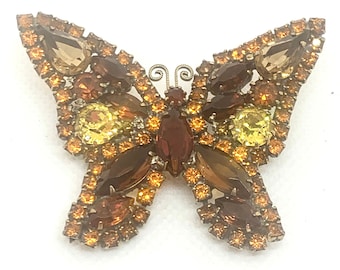 WEISS Butterfly Brooch Topaz Rhinestones Vintage Prong Set